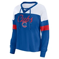 Women's Fanatics Royal/White Chicago Cubs Even Match Lace-Up Long Sleeve V-Neck T-Shirt