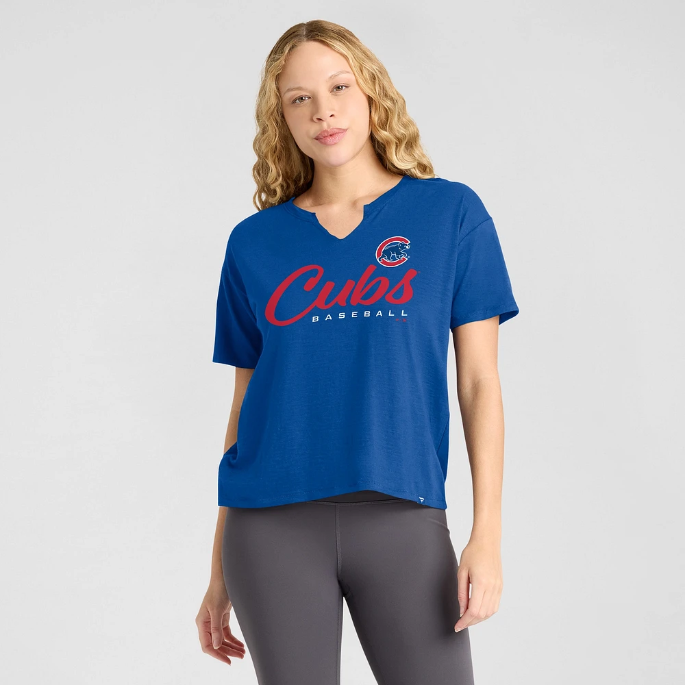 T-shirt boxy flammé Fanatics Royal Chicago Cubs pour femme, favori des fans du stade