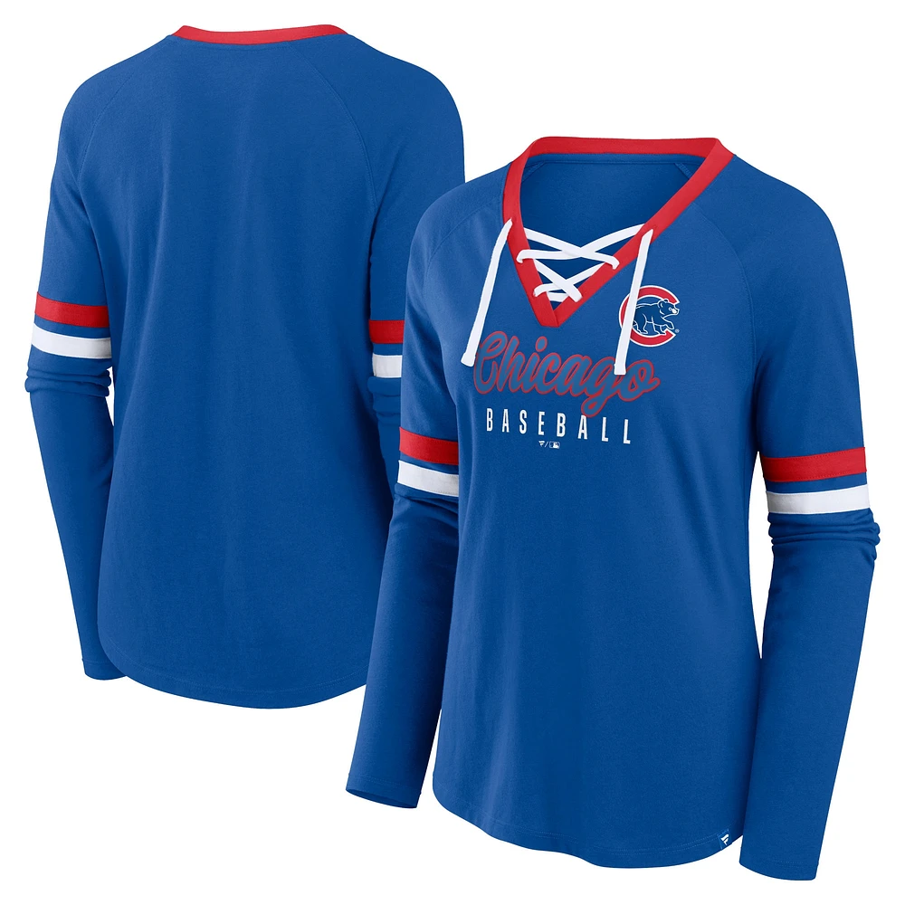 T-shirt à manches longues et lacets raglan pour femmes Fanatics Royal Chicago Cubs Won & Done