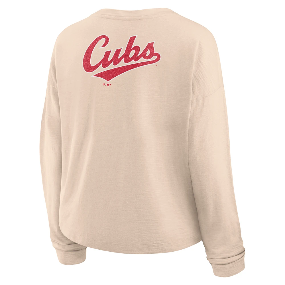 T-shirt Henley surdimensionné à manches longues Fanatics Tan Chicago Cubs pour femme