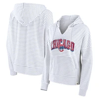 Women's Fanatics White Chicago Cubs Striped Fundamentals Notch Neck Pullover Hoodie