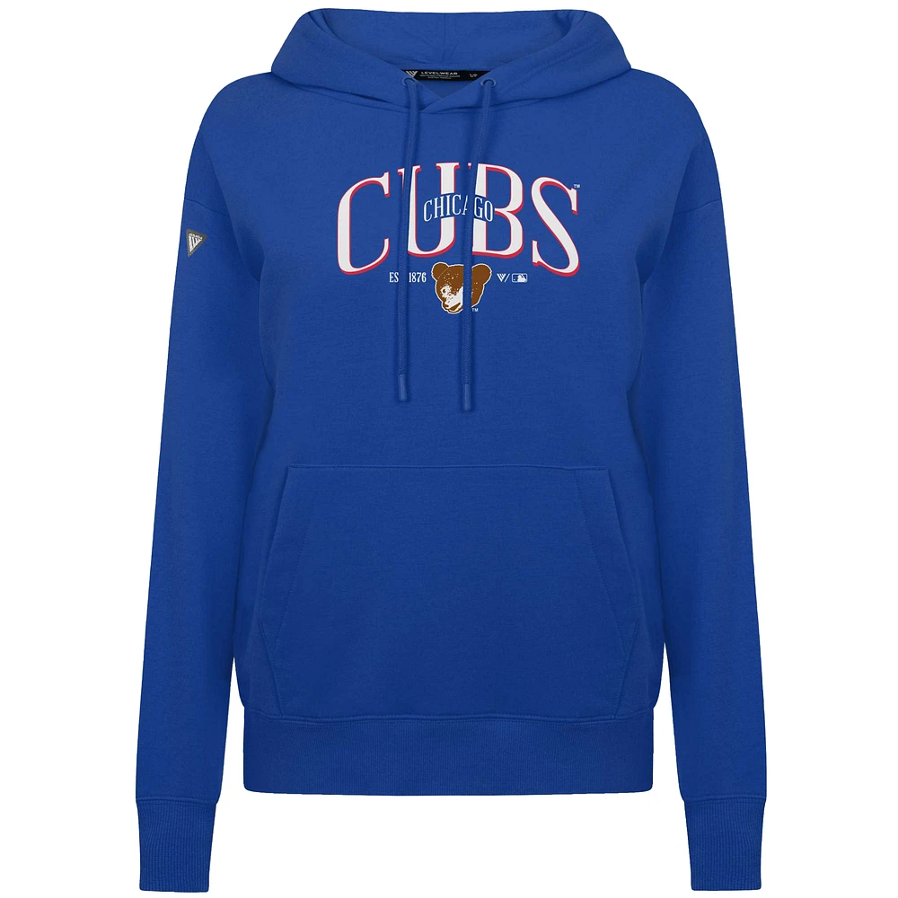 Women's Levelwear Royal Chicago Cubs  Adorn Throwback Spellout Pullover Hoodie