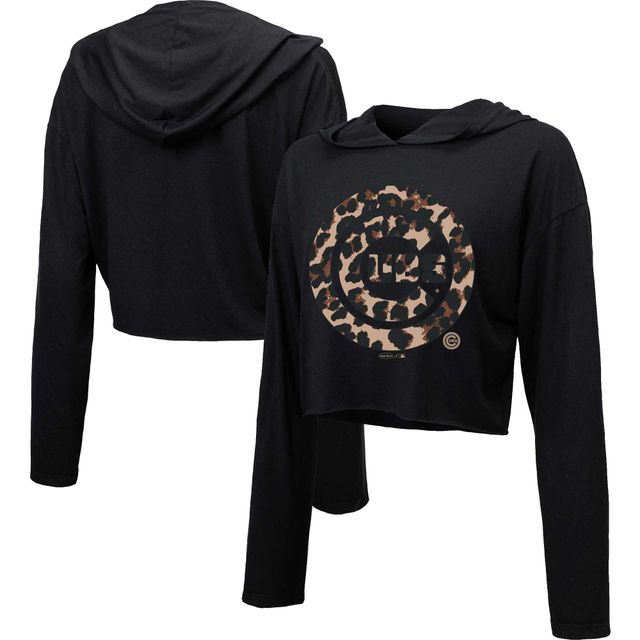 Majestic Threads Sweat à capuche court léopard noir Chicago Cubs pour femme