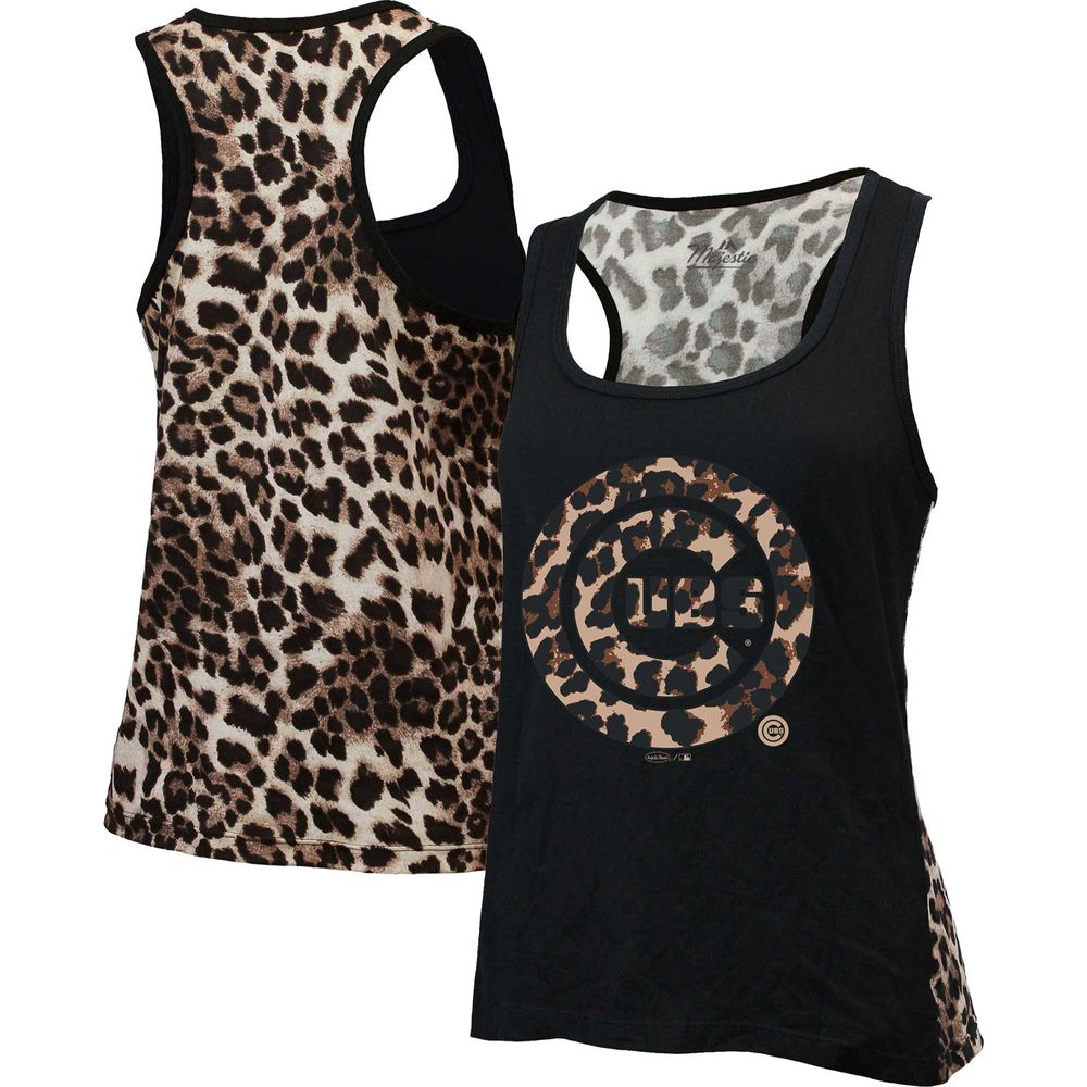 Women's Majestic Threads Black Chicago Cubs Leopard Tank Top