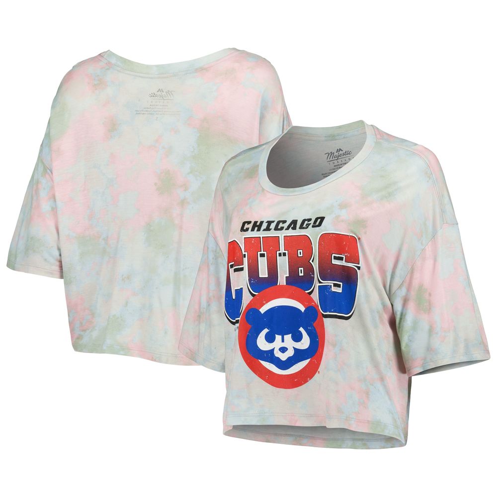 Women's Majestic Threads Chicago Cubs Cooperstown Collection Tie-Dye Boxy Cropped Tri-Blend T-Shirt