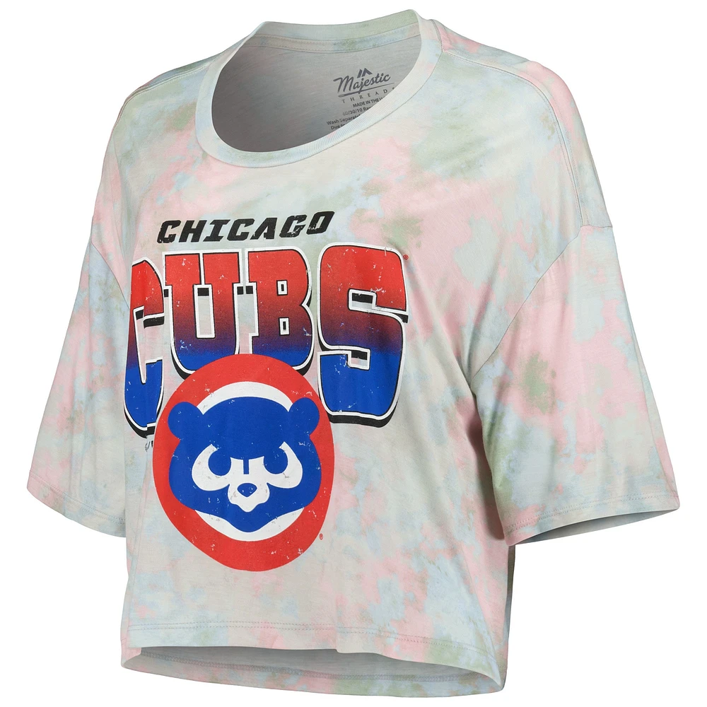 Women's Majestic Threads Chicago Cubs Cooperstown Collection Tie-Dye Boxy Cropped Tri-Blend T-Shirt