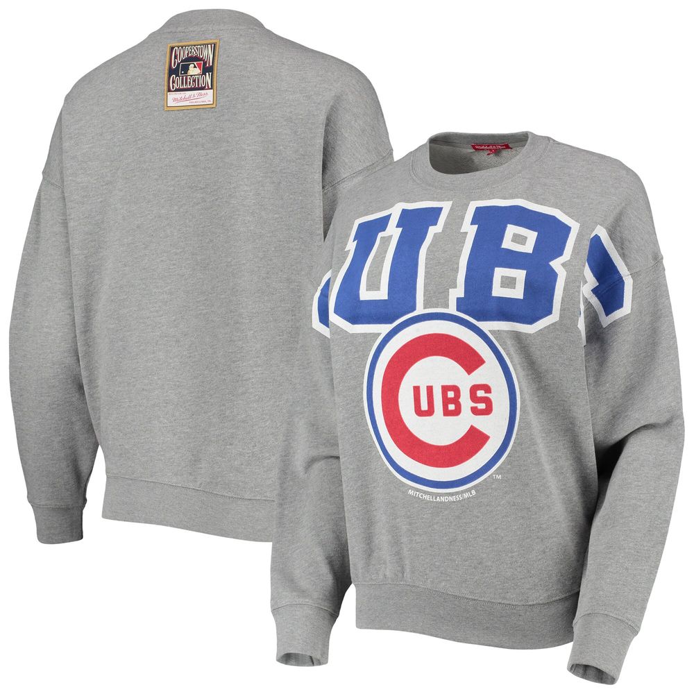 Women's Mitchell & Ness Heathered Gray Chicago Cubs Cooperstown Collection Logo Lightweight Pullover Sweatshirt