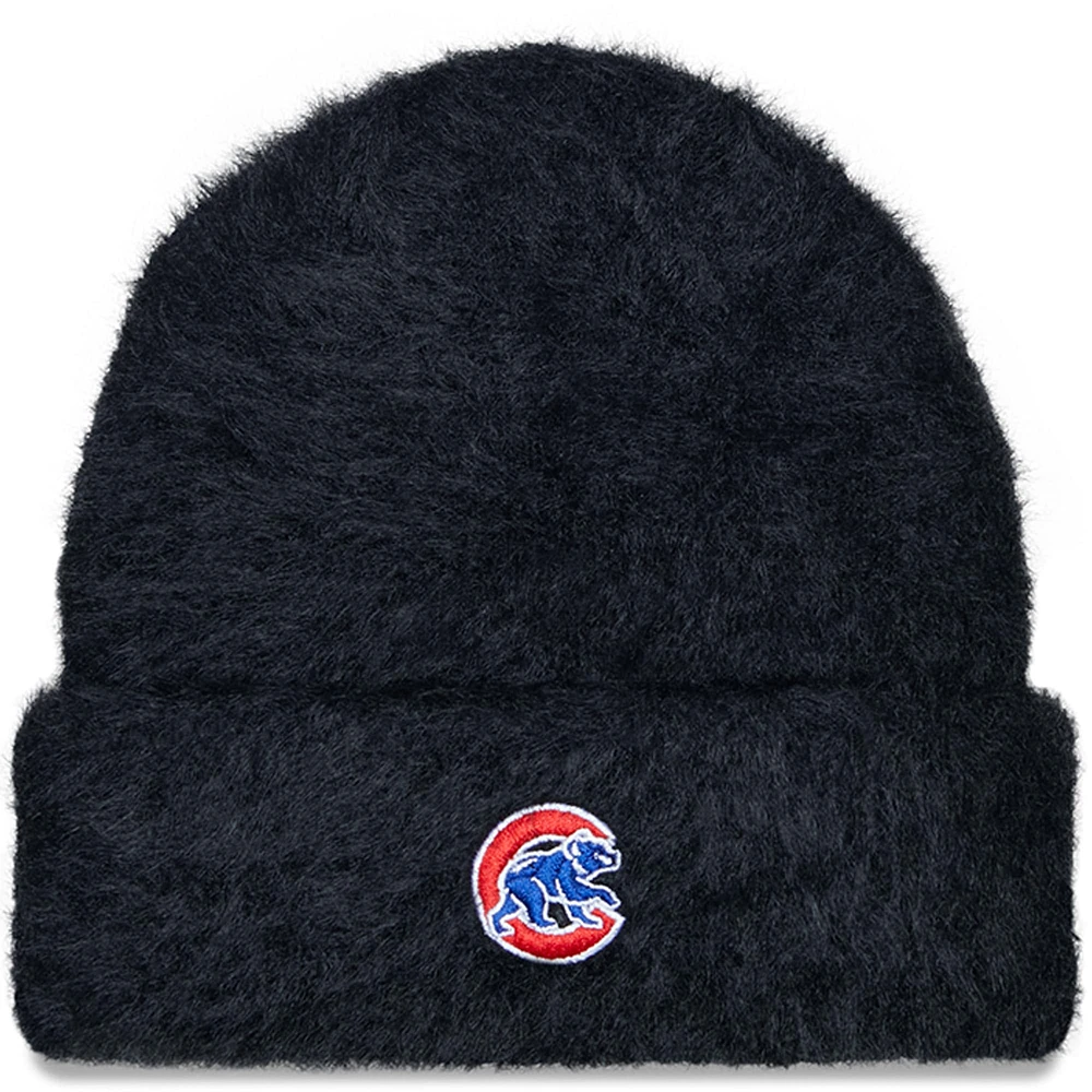 Bonnet en tricot à revers pelucheux New Era noir des Chicago Cubs pour femme