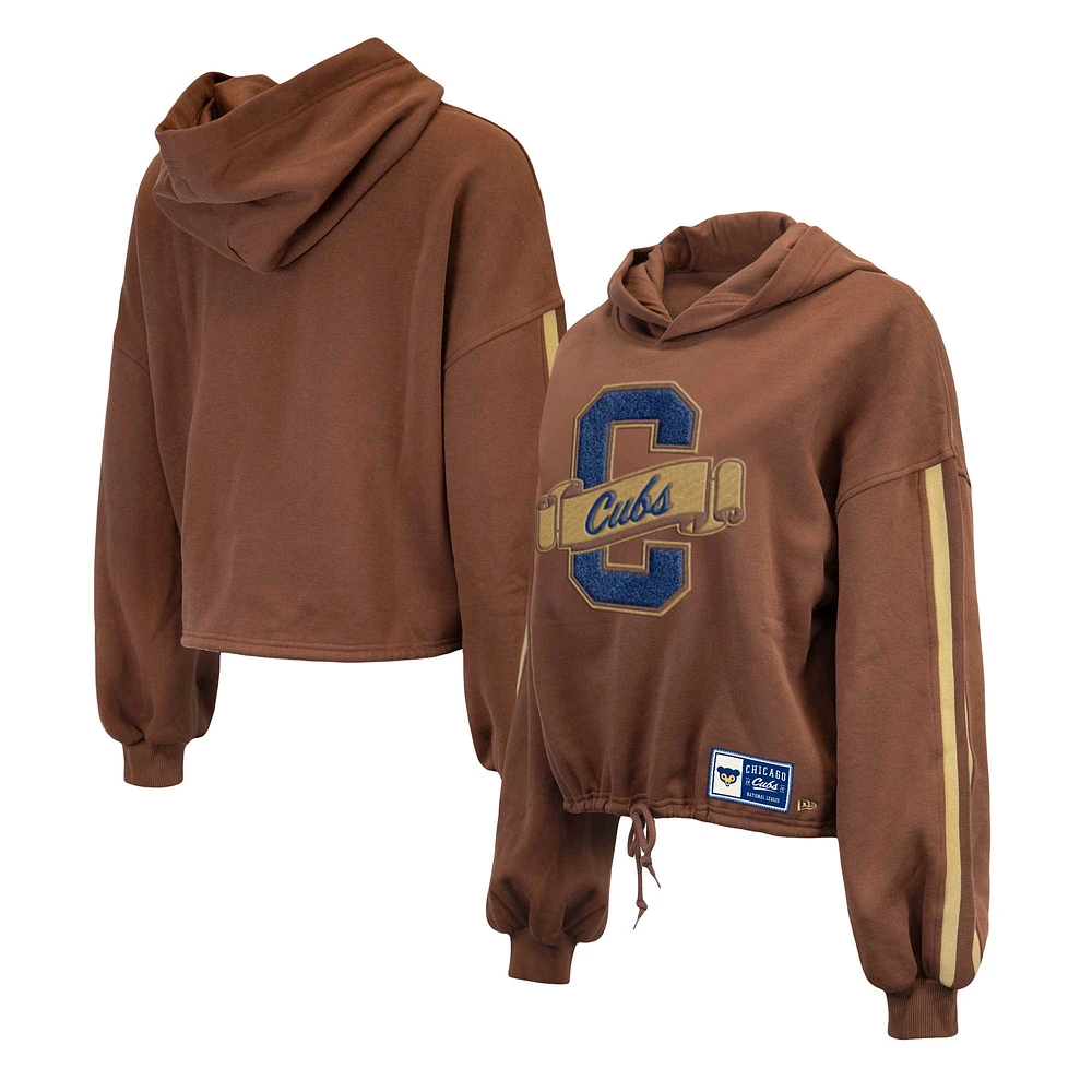 Women's New Era Brown Chicago Cubs Letterman Classic Cropped Pullover Hoodie