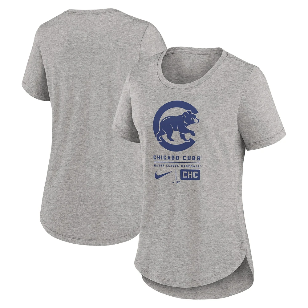 T-shirt Nike Heather Charcoal Chicago Cubs pour femme avec grand logo superposé Tri-Blend