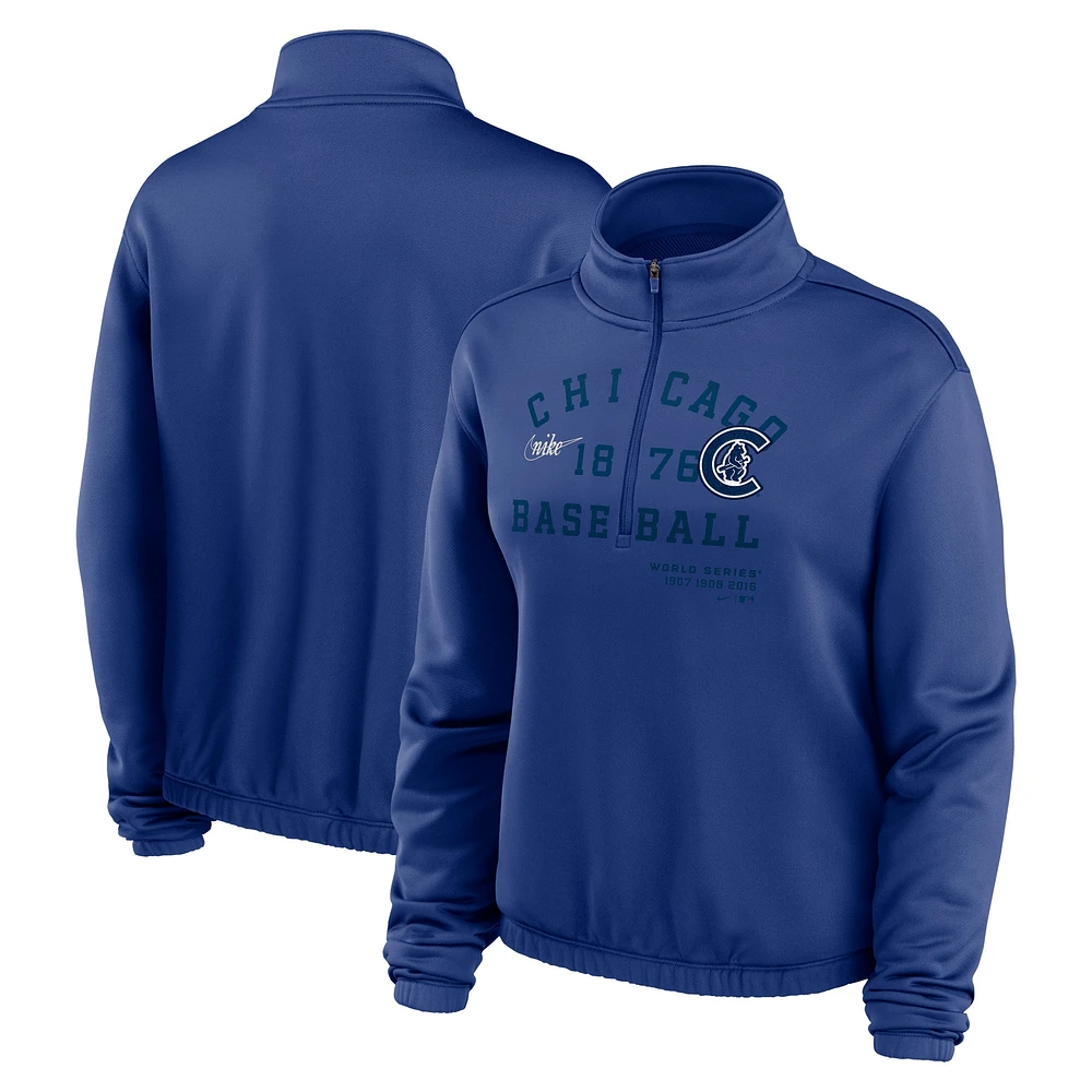 Sweat-shirt semi-court à demi-zip et ourlet bulle Nike Royal Chicago Cubs Rewind Splice pour femme