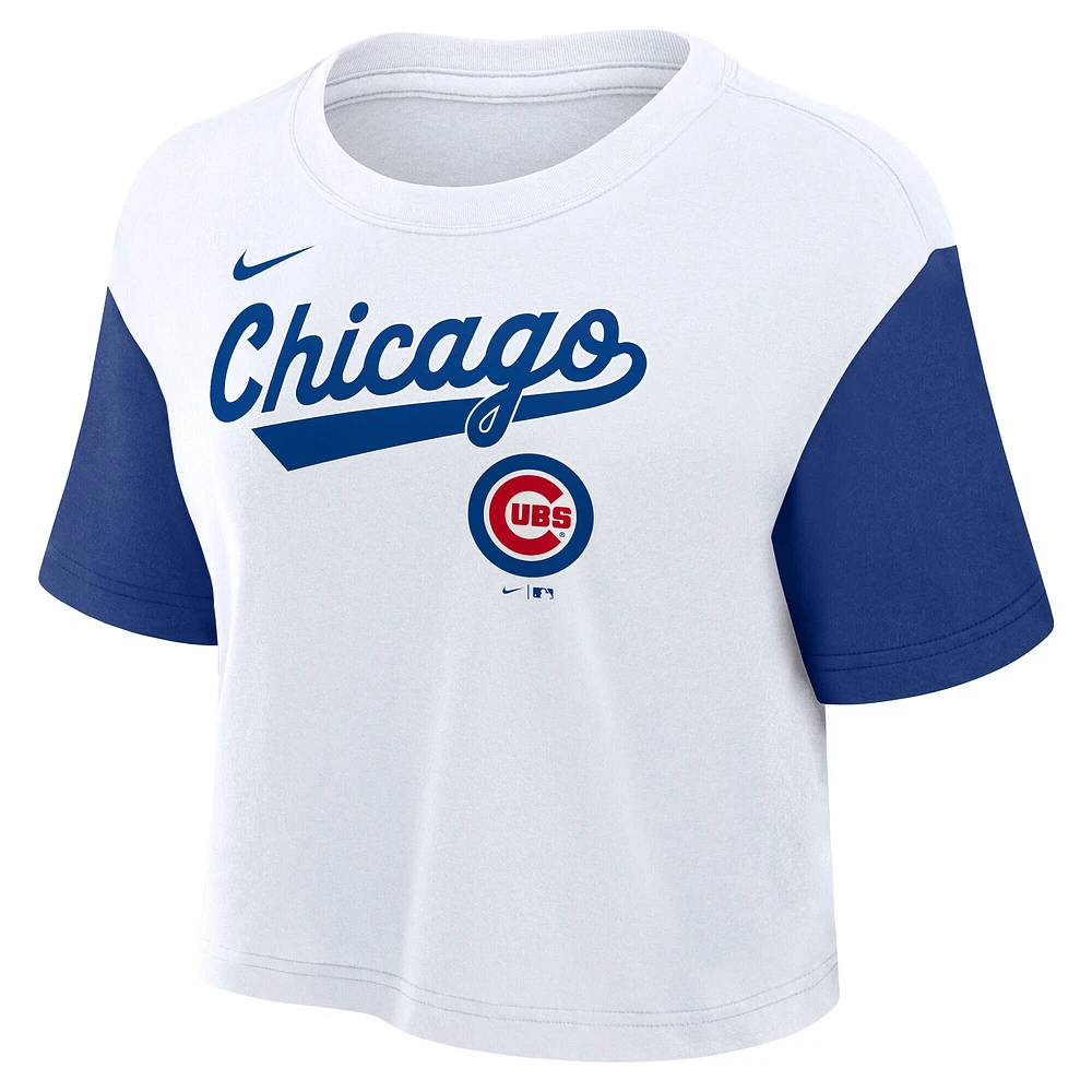 Women's Nike White/Royal Chicago Cubs Script Cropped Performance T-Shirt