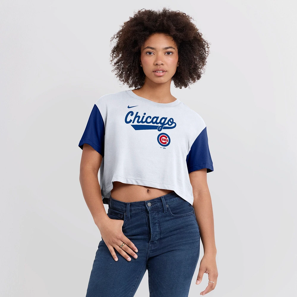 Women's Nike White/Royal Chicago Cubs Script Cropped Performance T-Shirt