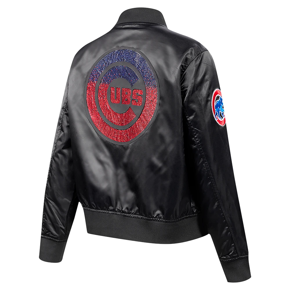 Women's Pro Standard Black Chicago Cubs Rhinestone Satin Full-Snap Jacket