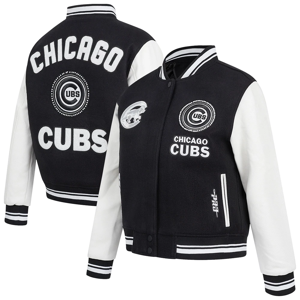 Women's Pro Standard Black Chicago Cubs Pearls Rib Wool Full-Zip Varsity Jacket