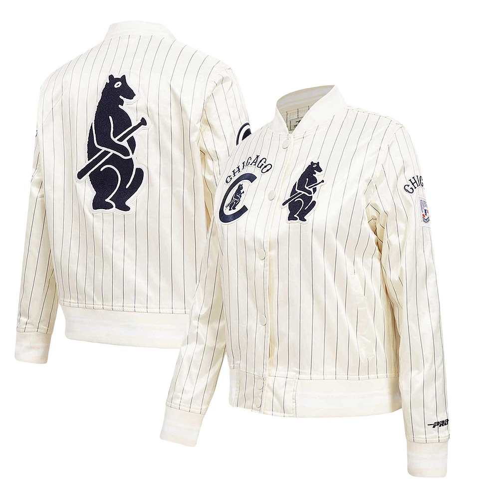 Veste en satin à rayures rétro classique boutons complets Pro Standard pour femme des Chicago Cubs Cooperstown Collection Crème