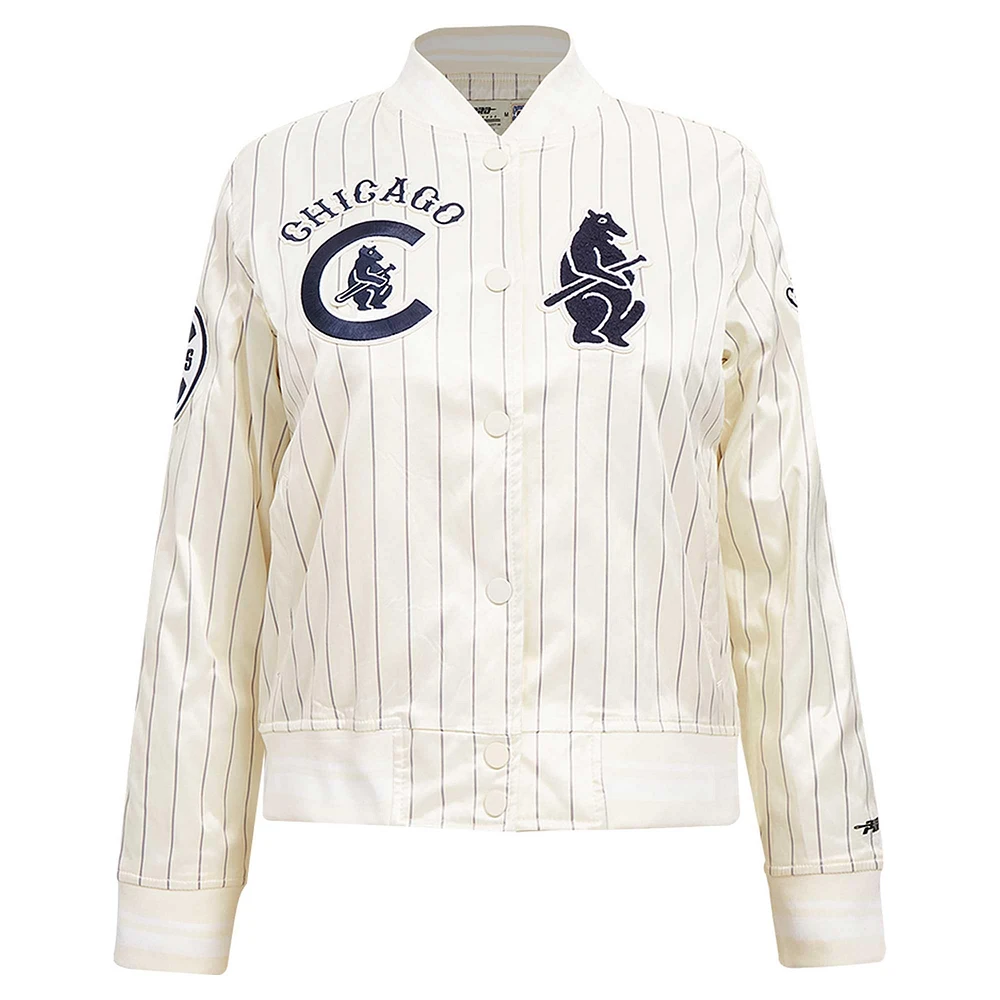 Veste en satin à rayures rétro classique boutons complets Pro Standard pour femme des Chicago Cubs Cooperstown Collection Crème