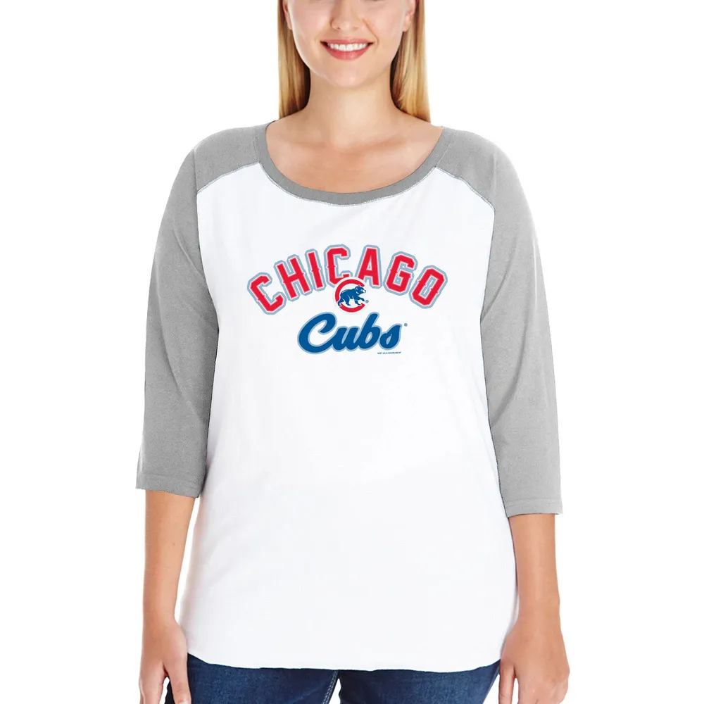 Soft as a Grape Women's Soft as a Grape White/Heathered Gray Chicago Cubs  Plus Baseball Raglan 3/4-Sleeve T-Shirt