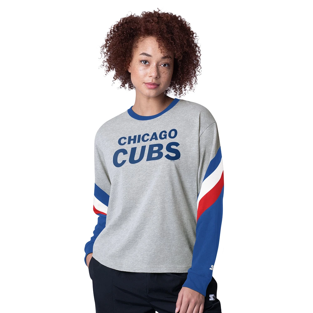 Haut A manches longues blocs de couleurs tendance Triple pour femme Starter Heather Grey des Chicago Cubs