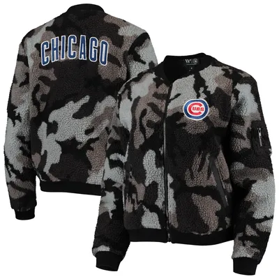 Chicago Cubs The Wild Collective Women's Camo Sherpa Full-Zip Bomber Jacket - Black