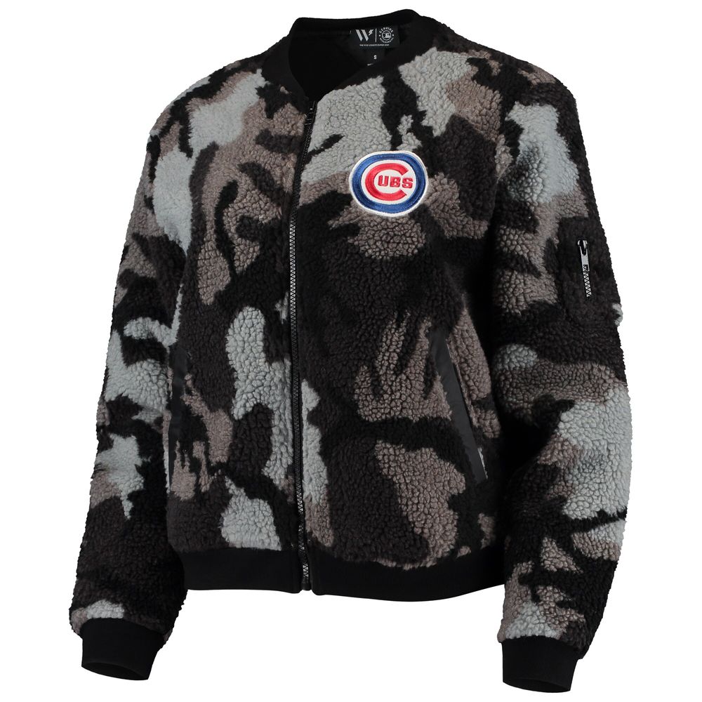 Women's The Wild Collective Black Chicago Cubs Camo Sherpa Full-Zip Bomber Jacket