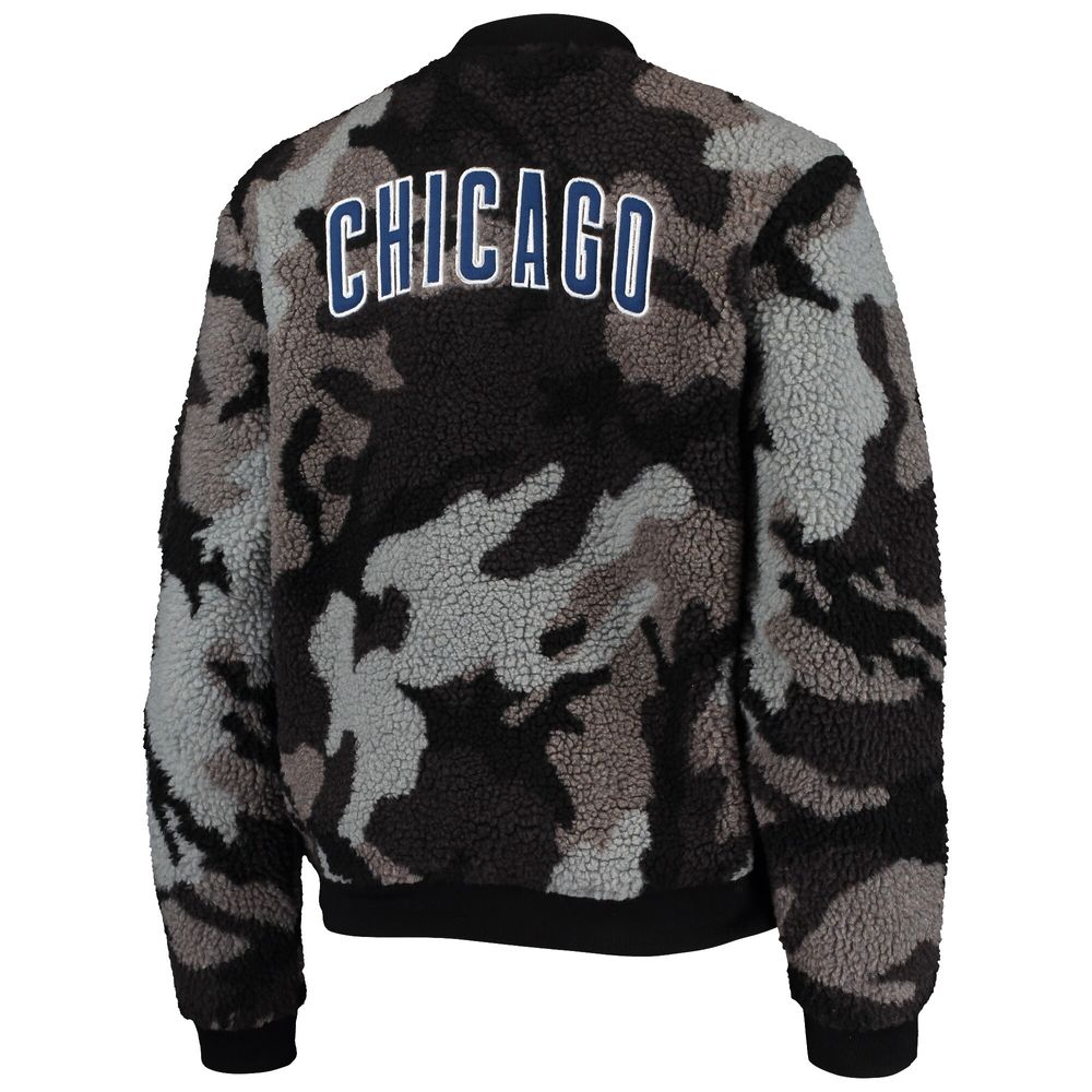 Women's The Wild Collective Black Chicago Cubs Camo Sherpa Full-Zip Bomber Jacket