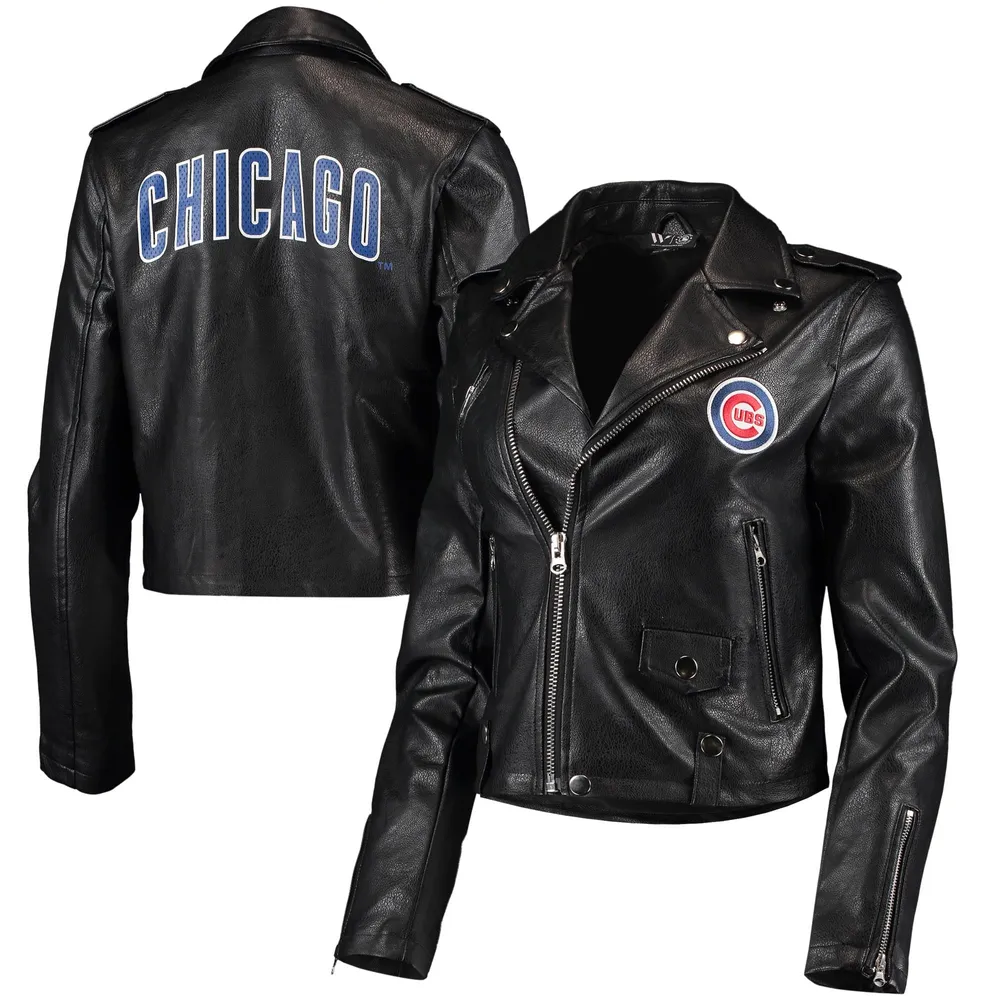 Veste de moto entièrement zippée en similicuir The Wild Collective Chicago Cubs pour femme, noire