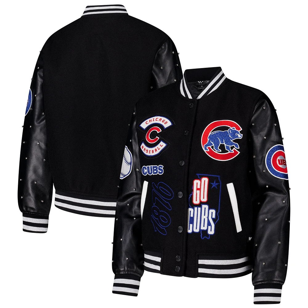 Veste universitaire à boutons-pression complète Chicago Cubs The Wild Collective pour femme noire