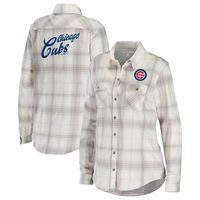 Women's WEAR by Erin Andrews Gray/Cream Chicago Cubs Flannel Button-Up Shirt