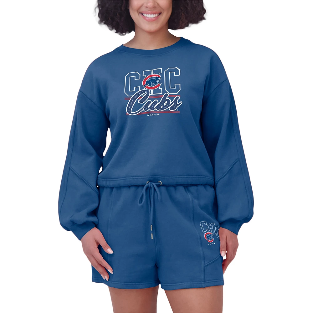 Women's WEAR by Erin Andrews  Royal Chicago Cubs Washed Fleece Sweatshirt & Shorts Lounge Set