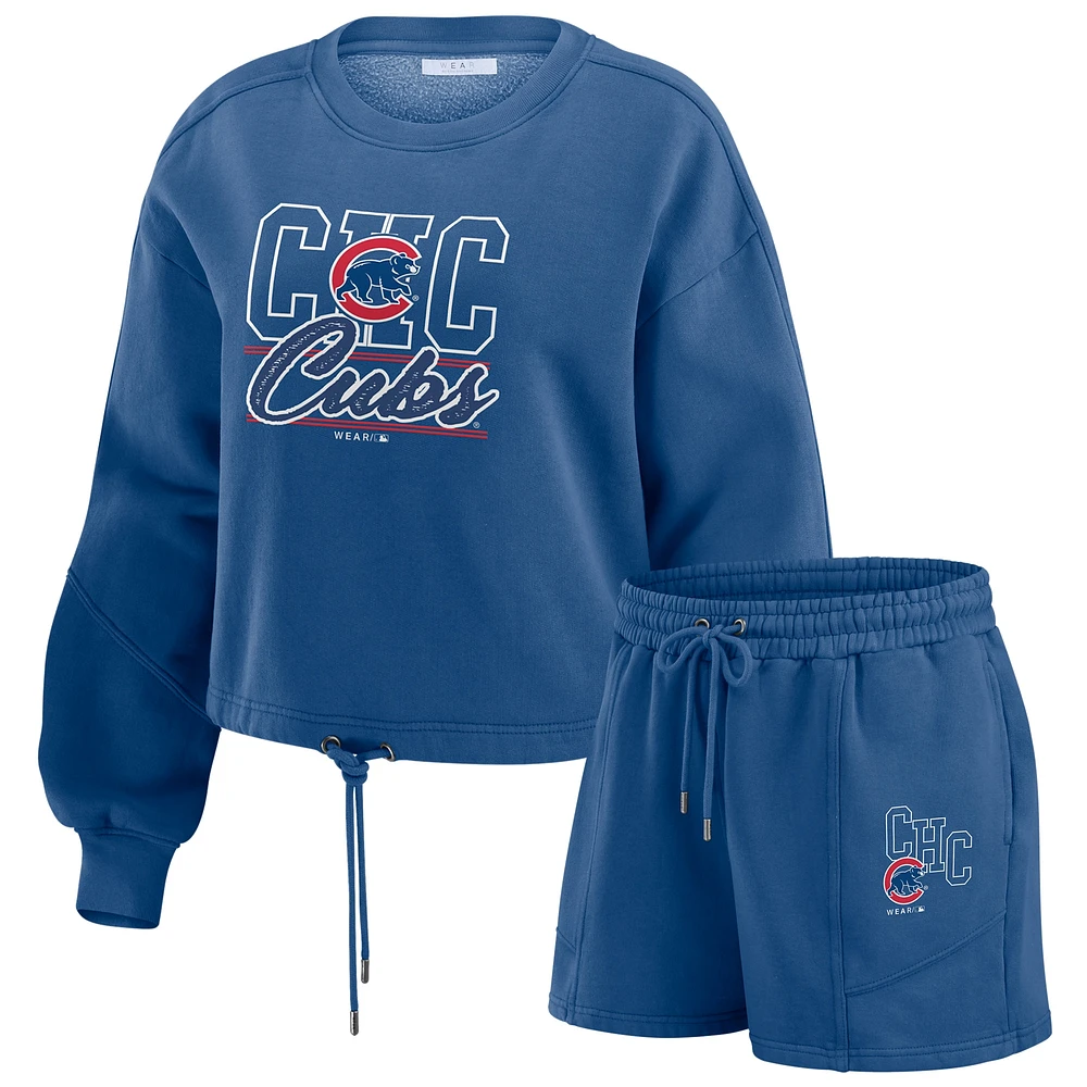 Ensemble de détente pour femme WEAR by Erin Andrews Royal Chicago Cubs en molleton délavé avec sweat-shirt et short