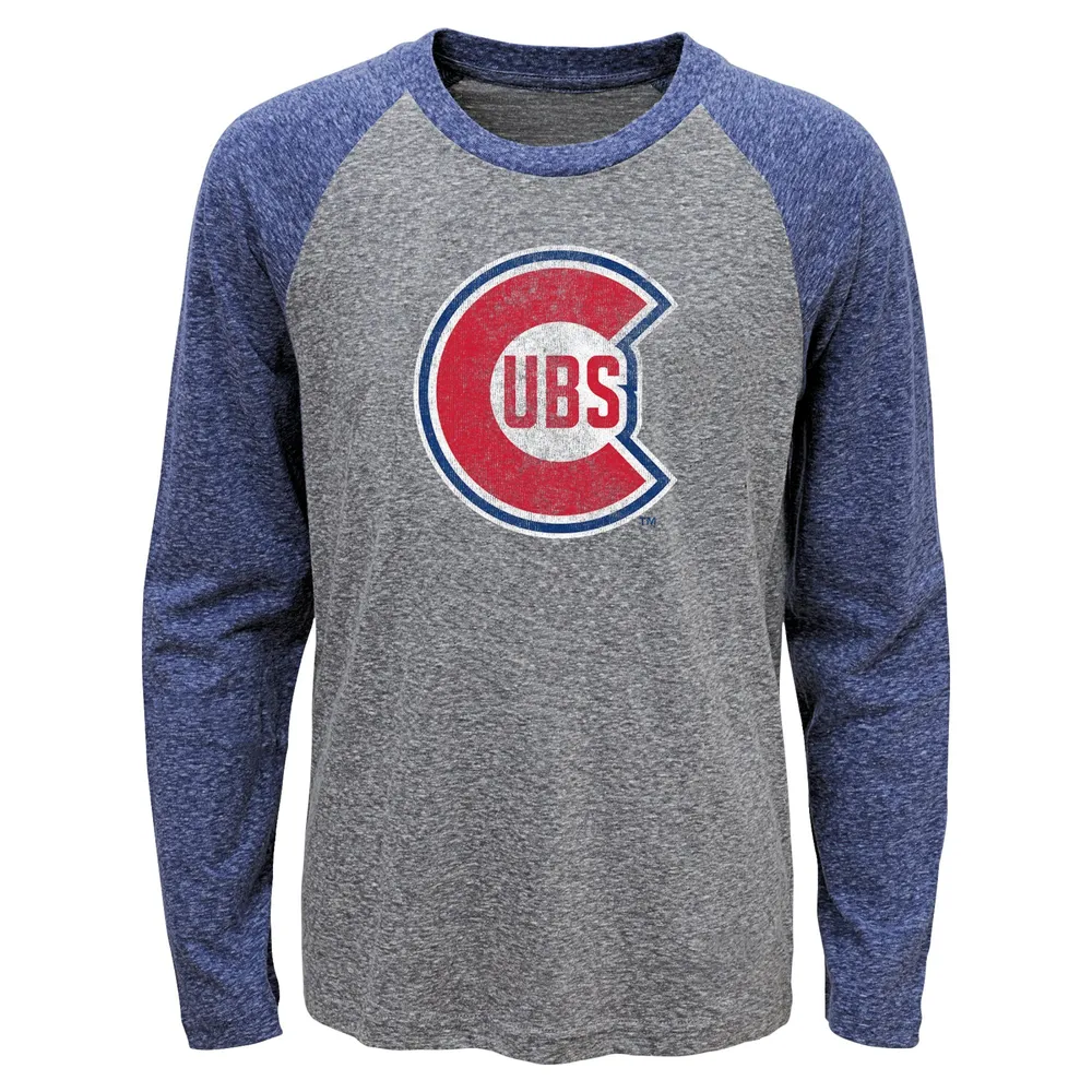 Lids Chicago Cubs Youth Cooperstown Collection Raglan Tri-Blend Long Sleeve  T-Shirt - Heather Charcoal/Heather Royal