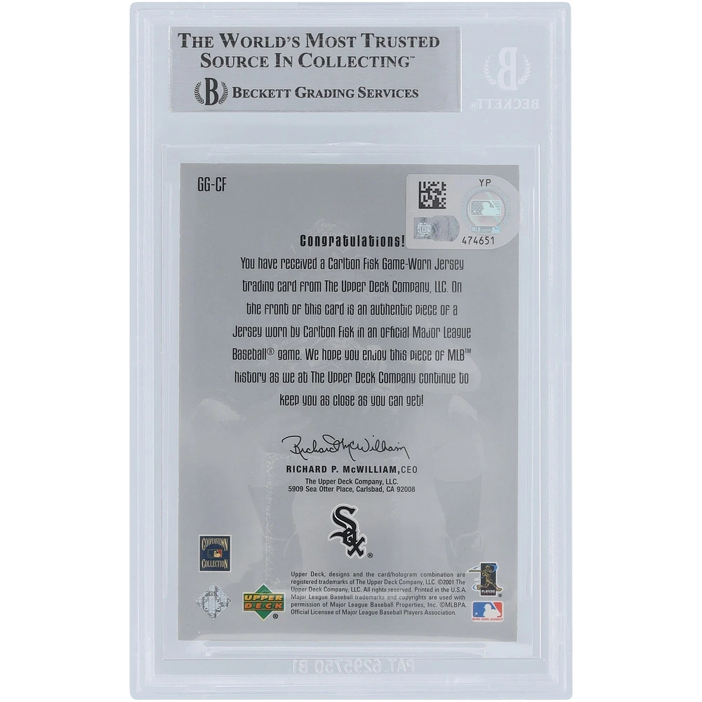 Carlton Fisk Chicago White Sox Autographed 2001 Upper Deck Gold Glove Game Jersey Relic #GG-CF Beckett Fanatics Witnessed Authenticated Card