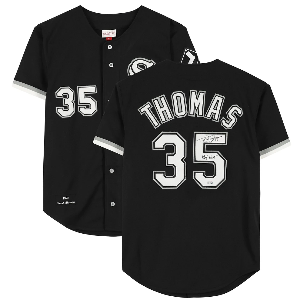 Maillot authentique autographié par Frank Thomas Black Chicago White Sox de Mitchell & Ness avec inscription « Big Hurt »