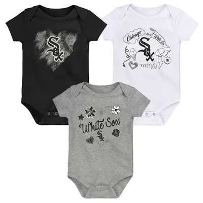 Chicago White Sox Girls Newborn & Infant 3-Pack Batter Up Bodysuit Set - Black/White/Heathered Gray