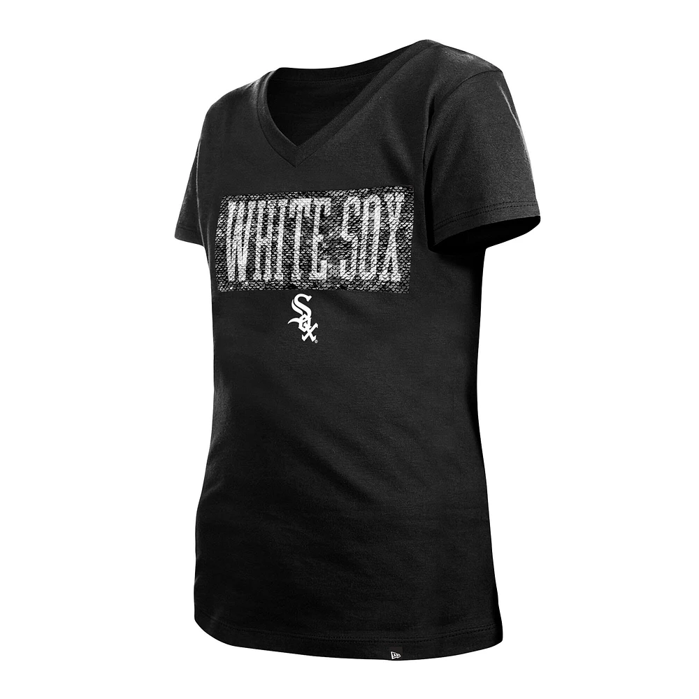 T-shirt à col en V New Era pour fille Chicago White Sox Flip Sequin Team noir jeune