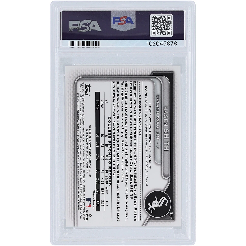 Hagen Smith Chicago White Sox Autographed 2024 Bowman Chrome 1st Bowman #CPA-HS PSA Authenticated 10 Card