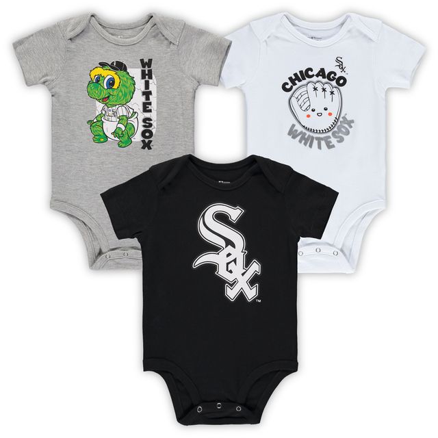 Ensemble de 3 bodys rechange pour bébé, noir/blanc/gris chiné, Chicago White Sox