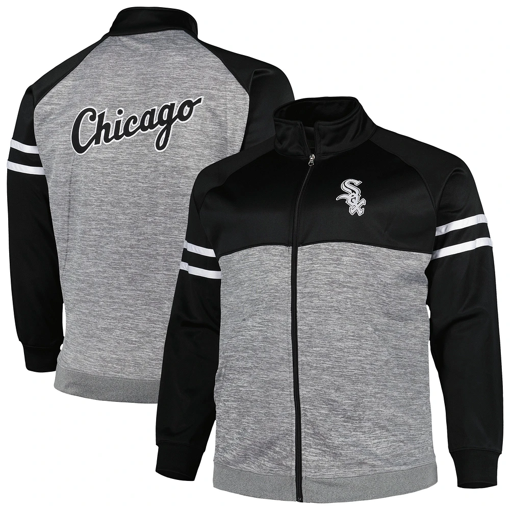 Veste de survêtement raglan à glissière pleine longueur Chicago White Sox Big & Tall pour homme, noir/gris chiné