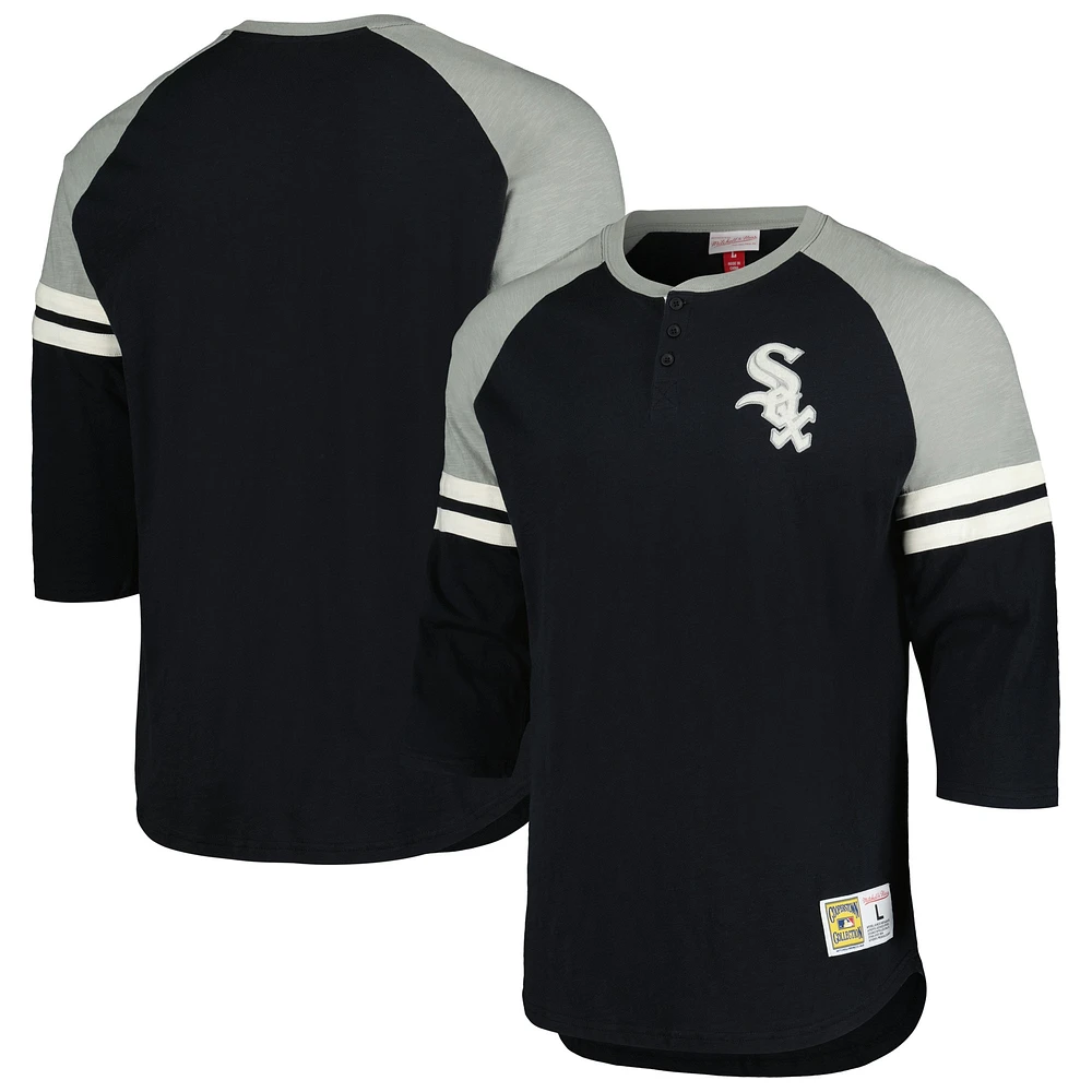 Men's Mitchell & Ness Black Chicago White Sox Cooperstown Collection Legendary Raglan Slub Henley 3/4-Sleeve T-Shirt