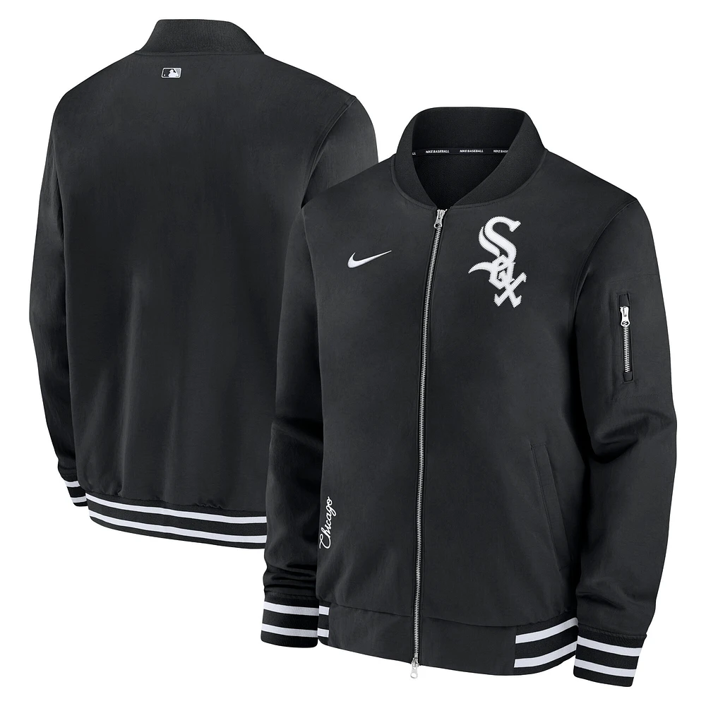 Blouson aviateur entièrement zippé Nike pour homme, noir, Chicago White Sox Authentic Collection