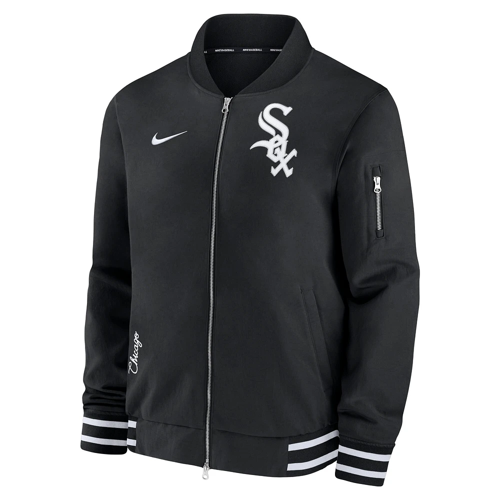 Blouson aviateur entièrement zippé Nike pour homme, noir, Chicago White Sox Authentic Collection