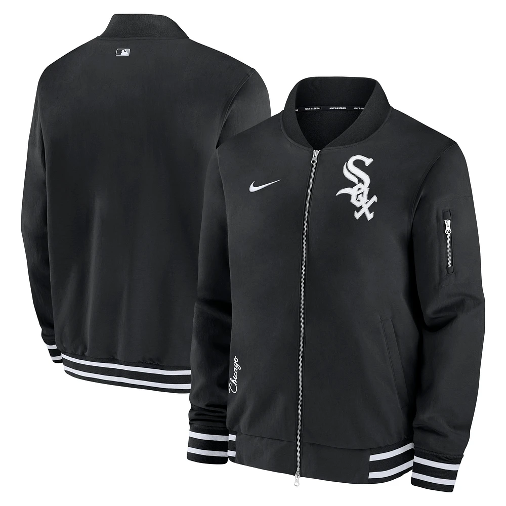 Blouson aviateur entièrement zippé Nike pour homme, noir, Chicago White Sox Authentic Collection
