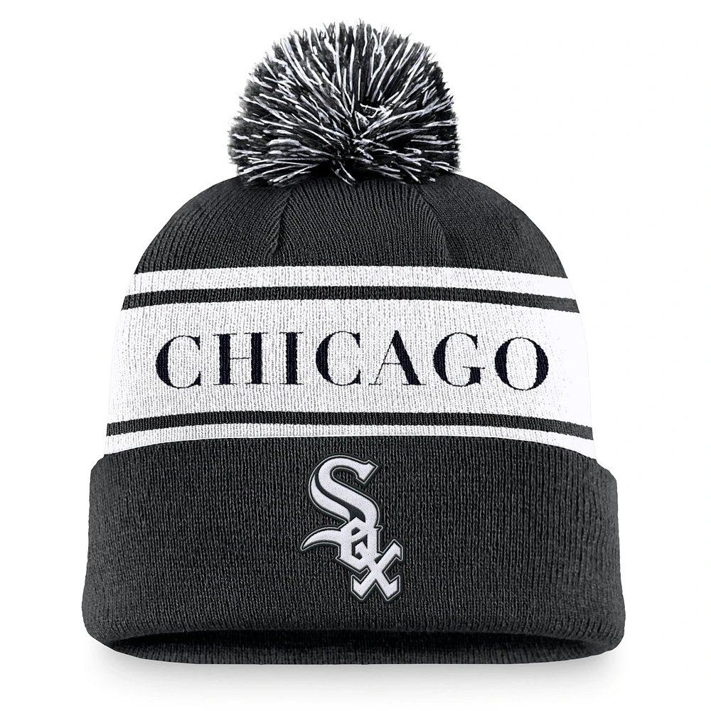 Men's Nike Black Chicago White Sox Team Stripe Peak Cuffed Knit Hat with Pom