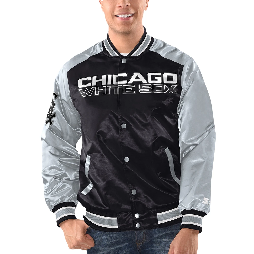 Veste Starter pour hommes, noir/argent, Chicago White Sox Varsity Satin Full-Snap Jacket