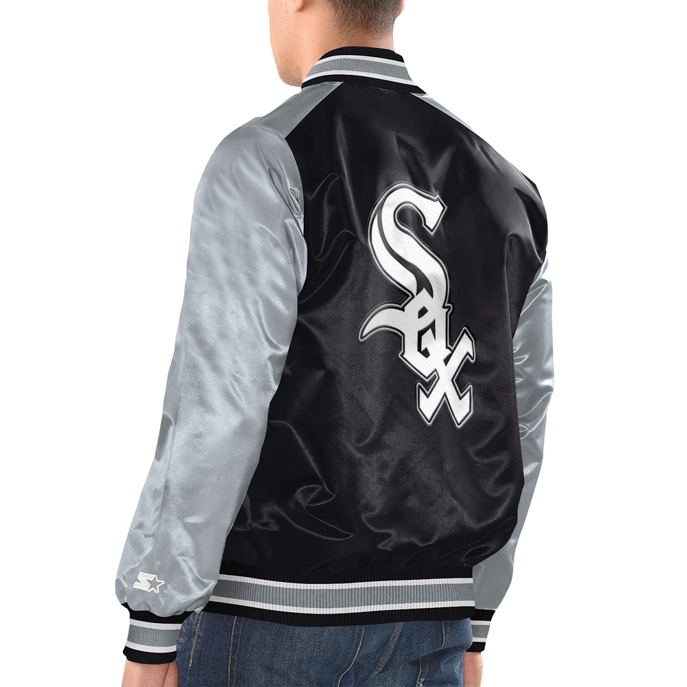 Veste Starter pour hommes, noir/argent, Chicago White Sox Varsity Satin Full-Snap Jacket