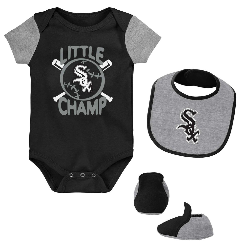 Newborn & Infant Black/Heather Gray Chicago White Sox Little Champ Three-Pack Bodysuit Bib Booties Set