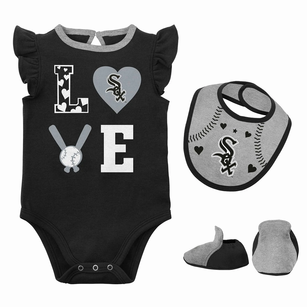 Nouveau-né et bébé noir/gris chiné Chicago White Sox trois pièces Love of Baseball Bib Body & Booties Set