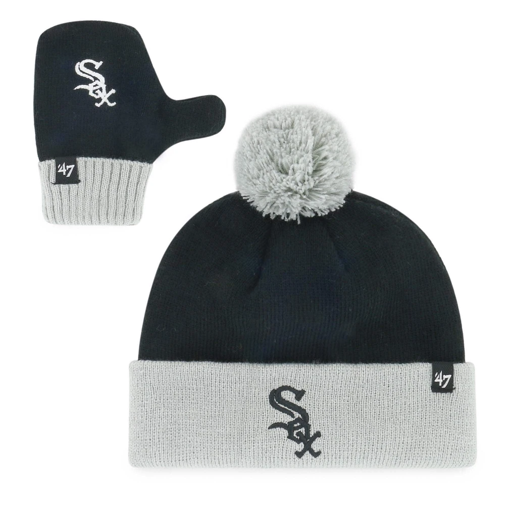 Ensemble bonnet à revers Bam Bam en tricot noir '47 des White Sox de Chicago pour tout-petit avec pompon et moufles