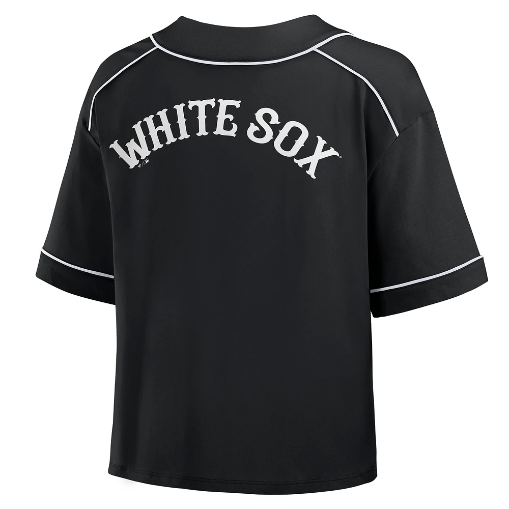 Women's Fanatics Black Chicago White Sox Oversized Champ Game Cropped V-Neck T-Shirt